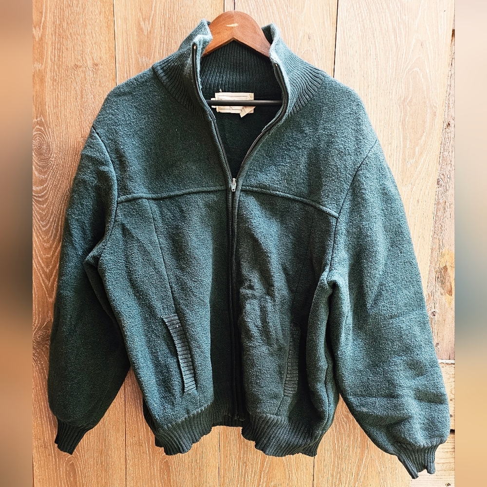 Vintage Wool Jacket Zip-Up Wide Arms Jewel Tone Green Fishermens Sweater Chore